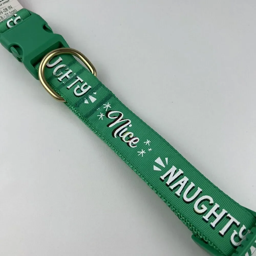 Merry Bright Adjustable Holiday Themed Dog Collar “Naughty Nice” Green Size XL